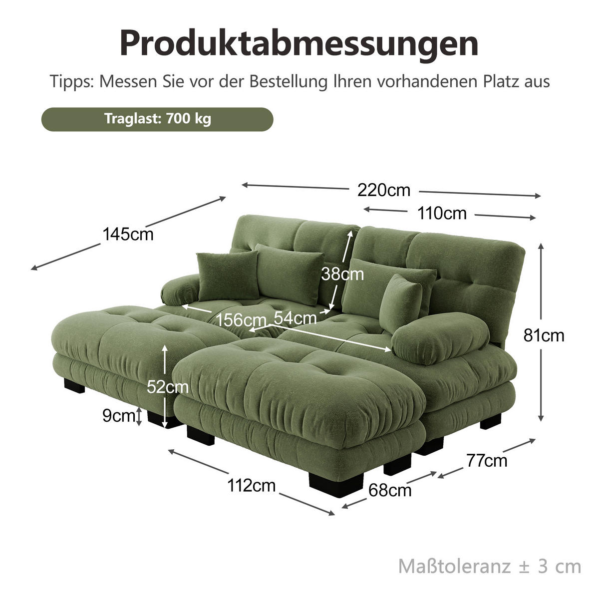 2-SITZER-SOFA DE-34065 modular mit 2 Ottomans Grün - Grün, Holz (145/81/220cm) - ComfortXL