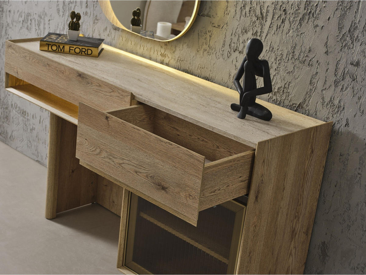 BETTANLAGE ANKA Schlafzimmer-Set, 4-teilig, Eiche, Bett mit Kopfteil, 2 Nachttische und Kommode - Eichefarben, Holzwerkstoff (160/200cm)