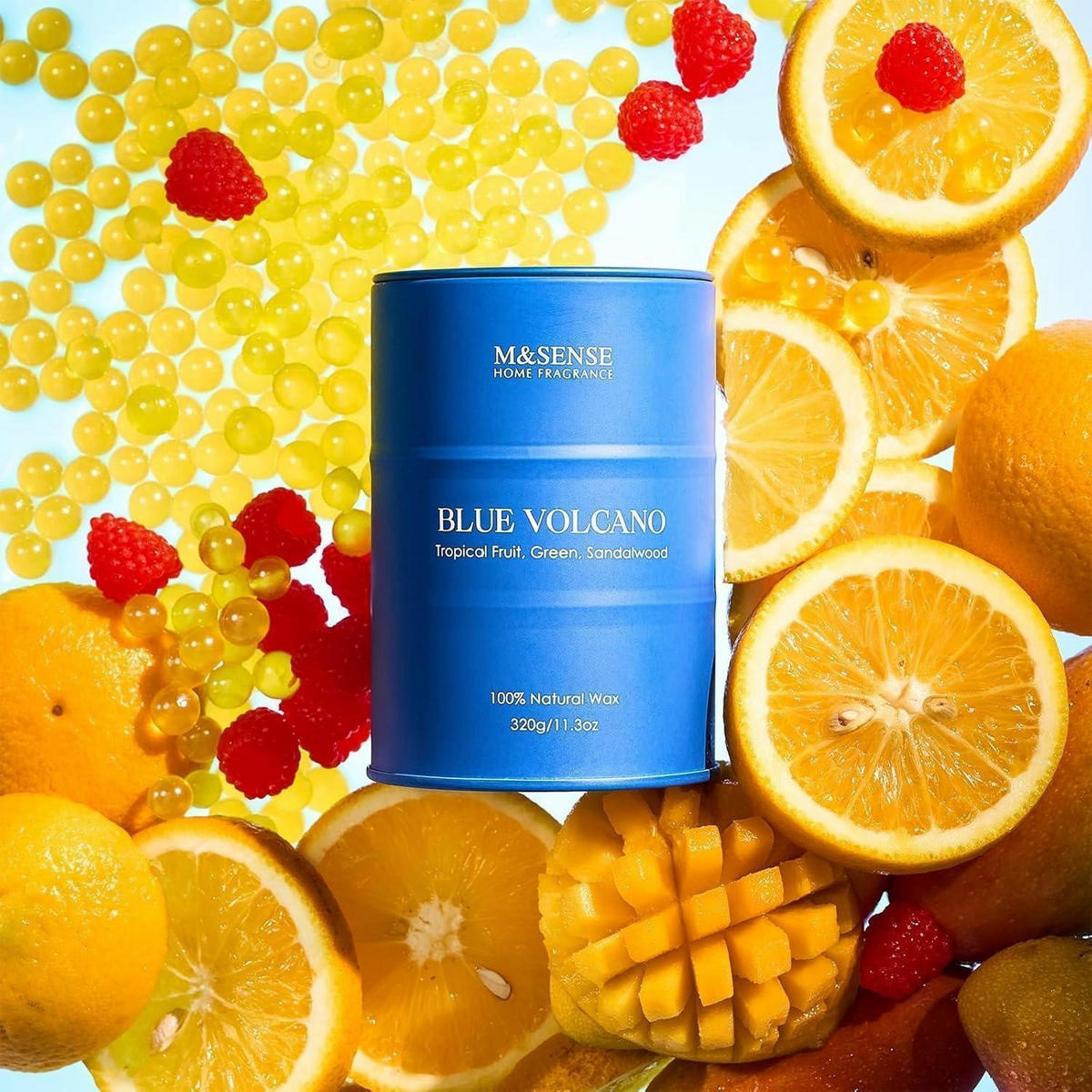 DUFTKERZE Blue Volcano Tropische Früchte 320g 70 Stunden Brenndauer - Blau, Paraffin (10.5cm)