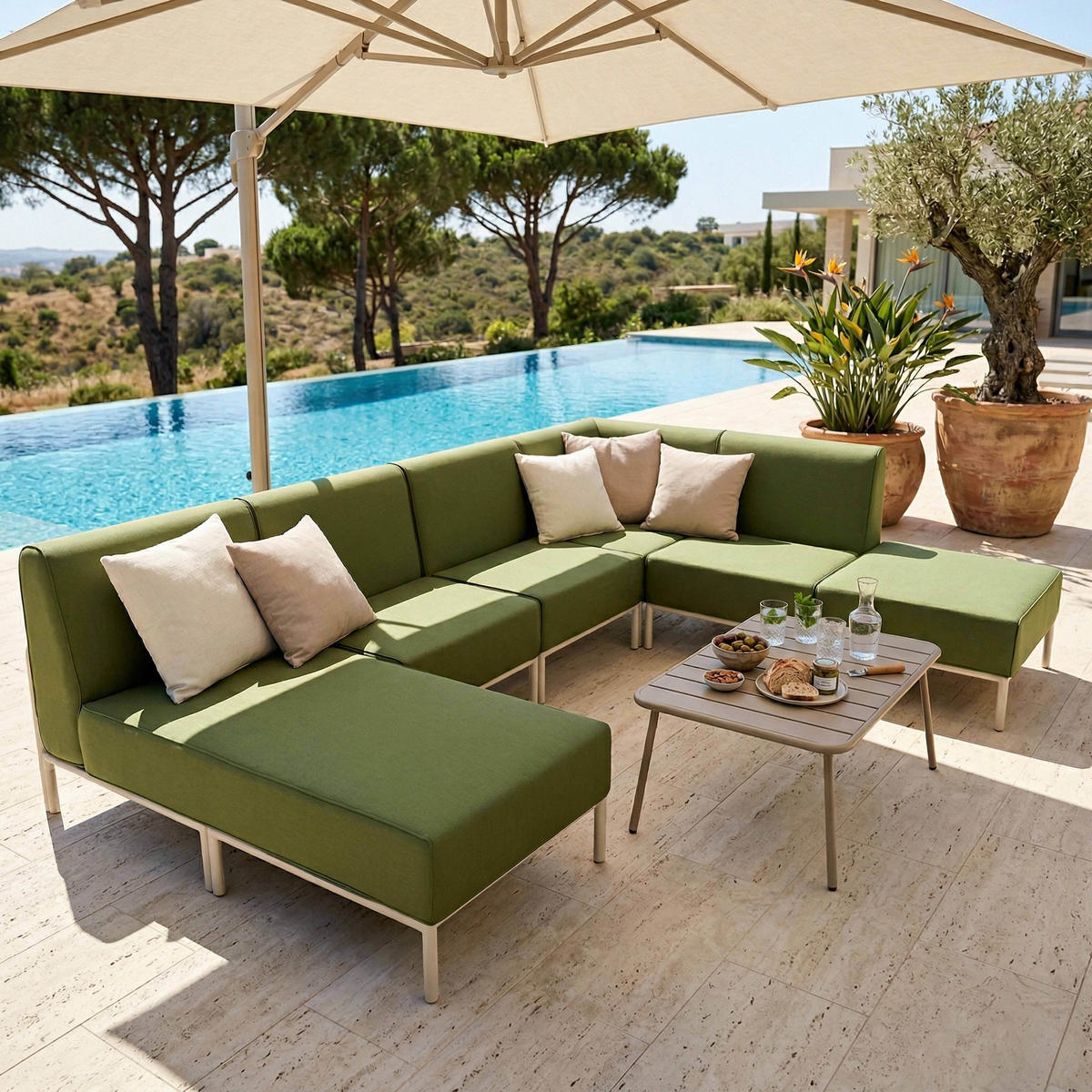 GARTENSOFA mit 6 Sitzplätzen, Khakigrün - Grün, Textil (180/78/360cm) - Oviala