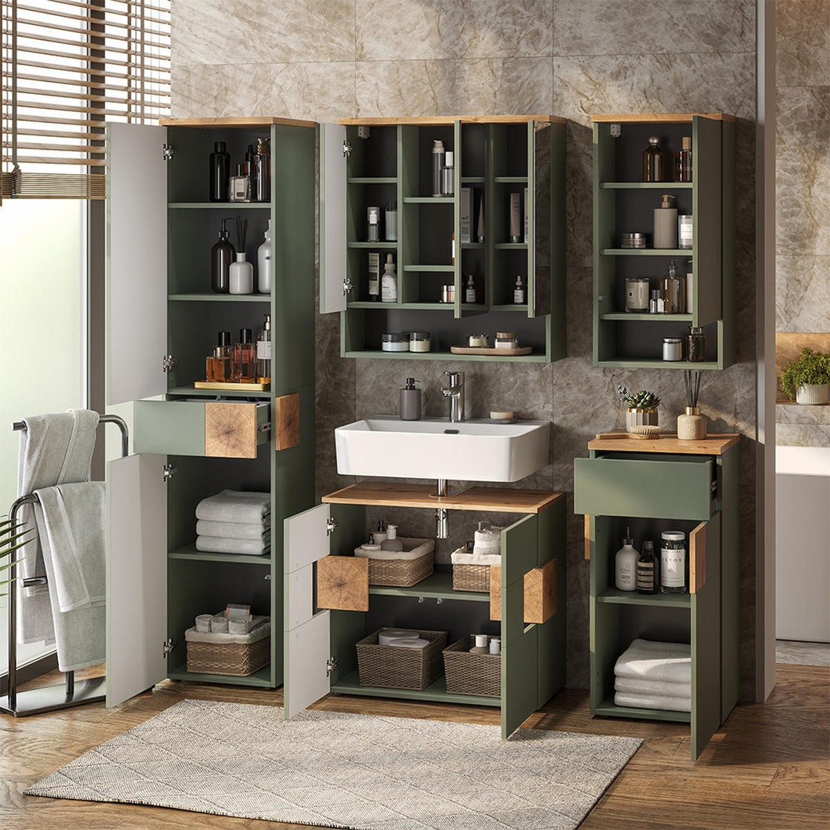 BADMÖBEL-SET Eden Grün/Artisan 5 Teile - Hellgrau/Grün, Holzwerkstoff (73/64/37cm) - Vicco