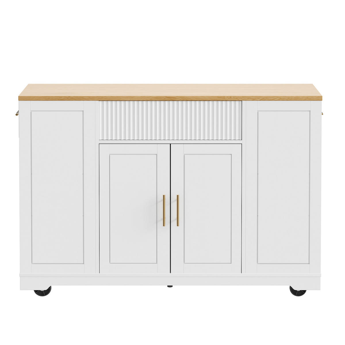 KÜCHENINSEL aus MDF 120x50x92 cm Weiß mit Rollen, Abfallbehälterfach, 2 Türen, 3 Schubladen und verstellbaren Einlegeböden - Weiß, Holzwerkstoff (120/92/50cm) - Modfu