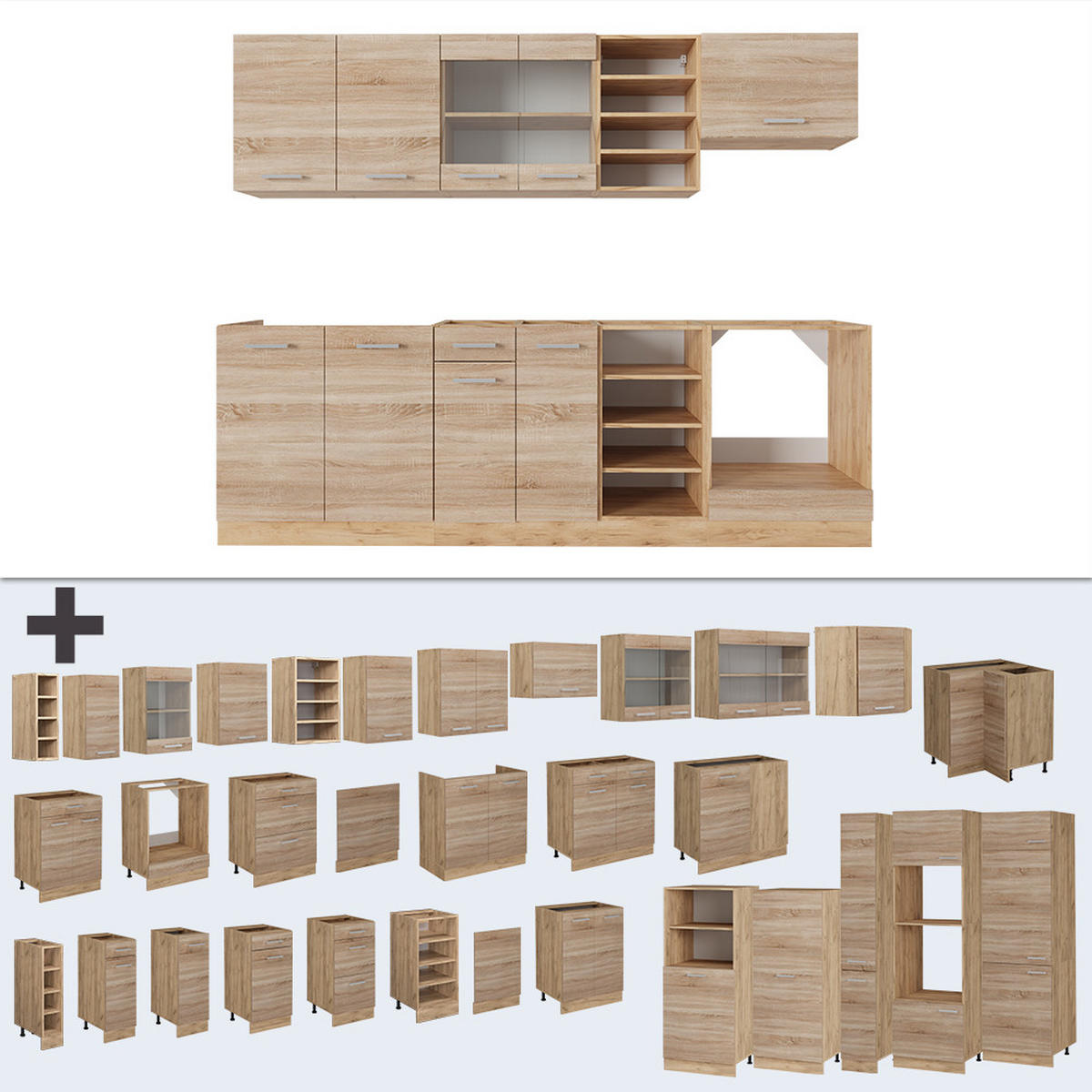 KÜCHENZEILE R-Line Sonoma/Goldkraft Eiche 240 cm ohne Arbeitsplatte - Eiche Wotan/Sonoma Eiche, Holzwerkstoff (240/81.6/46cm) - Vicco