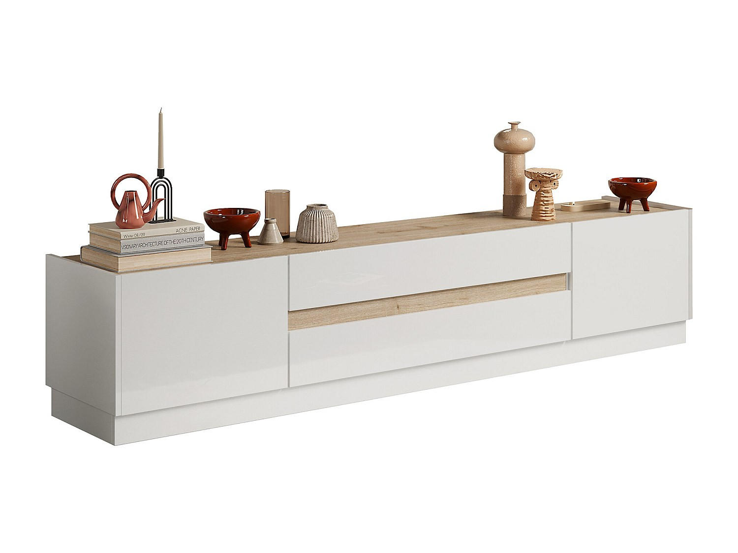 TV-MÖBEL - 2 Türen & 2 Schubladen - Weiß lackiert und Holzfarben - EMORA - Naturfarben, Holz (39.8/43.2/204.7cm) - Vente-Unique