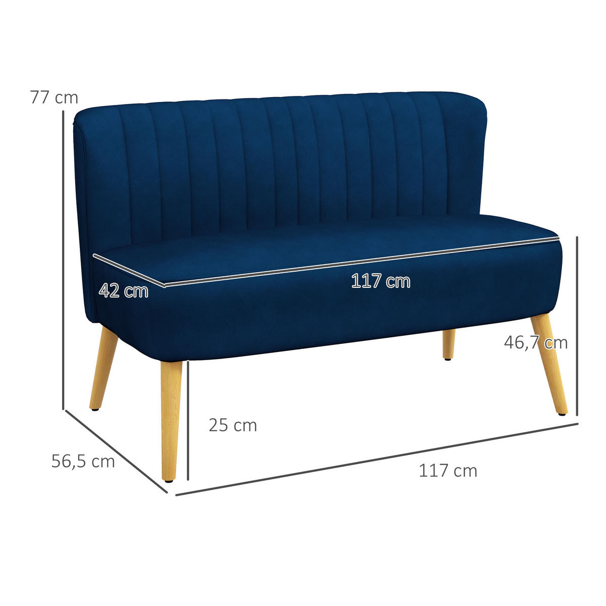 2-SITZER Sofa Zweisitzer, Loveseat mit Leinenoptik, Doppelsofa mit Holzbeine - Blau/Naturfarben, Holz/Textil (56.5/77/117cm) - HOMCOM