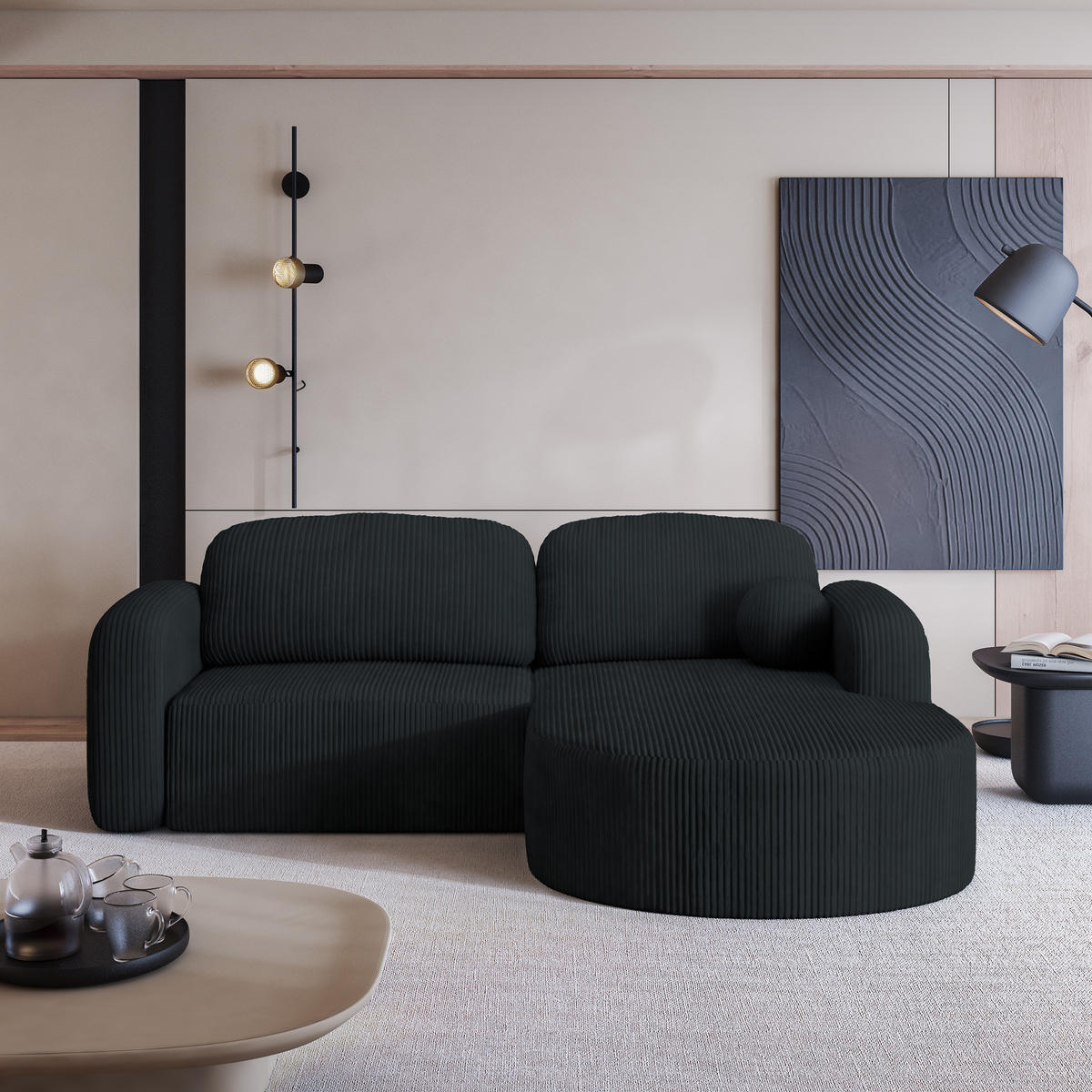 ECKSOFA AMILIA P R-S Schwarz Kordstoff mit Schlaffunktion - Schwarz, Holz (263/174cm) - MASSENO