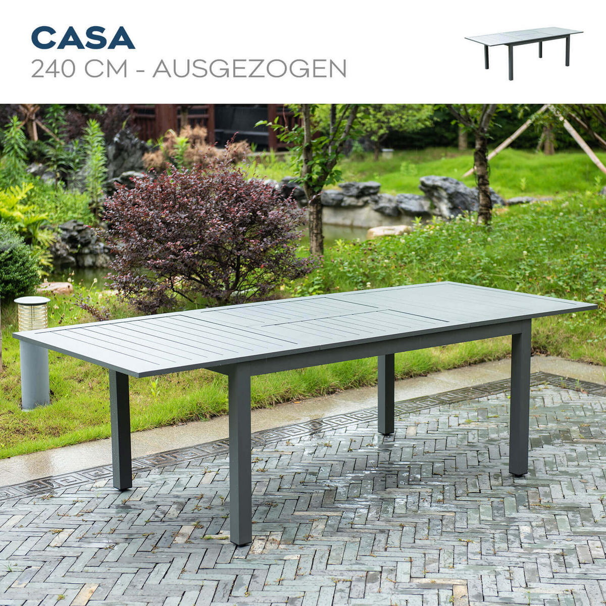 GARTEN-SITZGRUPPE ausziehbar CASA MADERA - 160/240 x 100 cm 4 Stühle - Anthrazit/Hellgrau, Glas/Metall - Home Deluxe