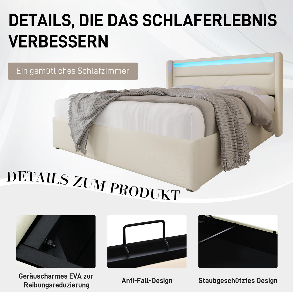 POLSTERBETT 160/200 cm Weiß aus PU mit LED-Beleuchtung und Bettkasten - Weiß, Kunststoff (160/200cm) - OKMYHOME