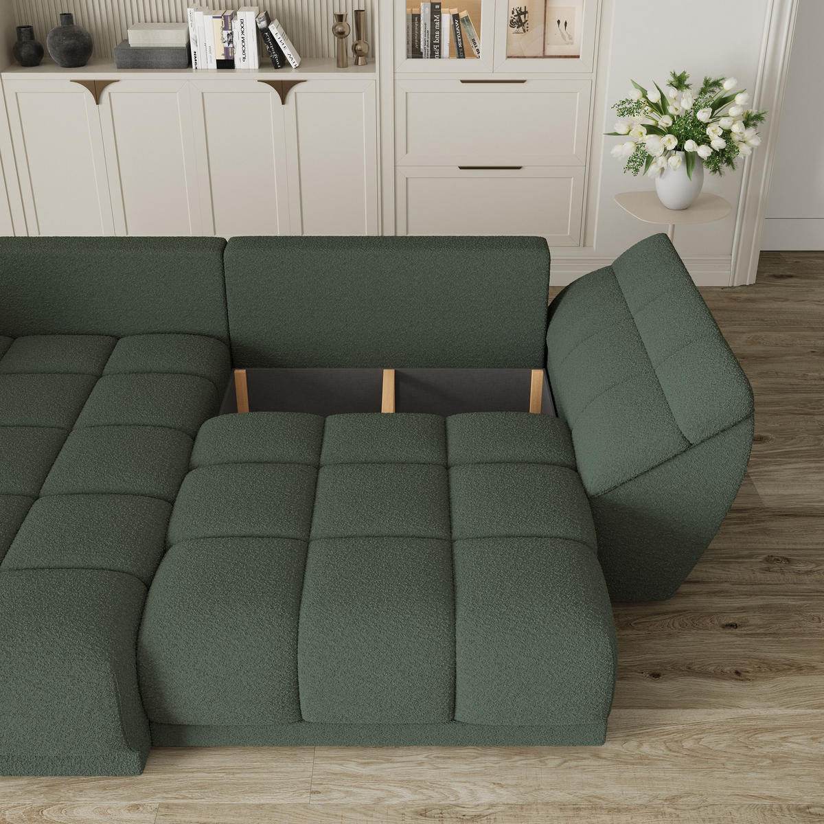 ECKSOFA ORENTI L-S Grün Boucle-Stoff mit Schlaffunktion - Grün, Holz (287/182cm) - MASSENO