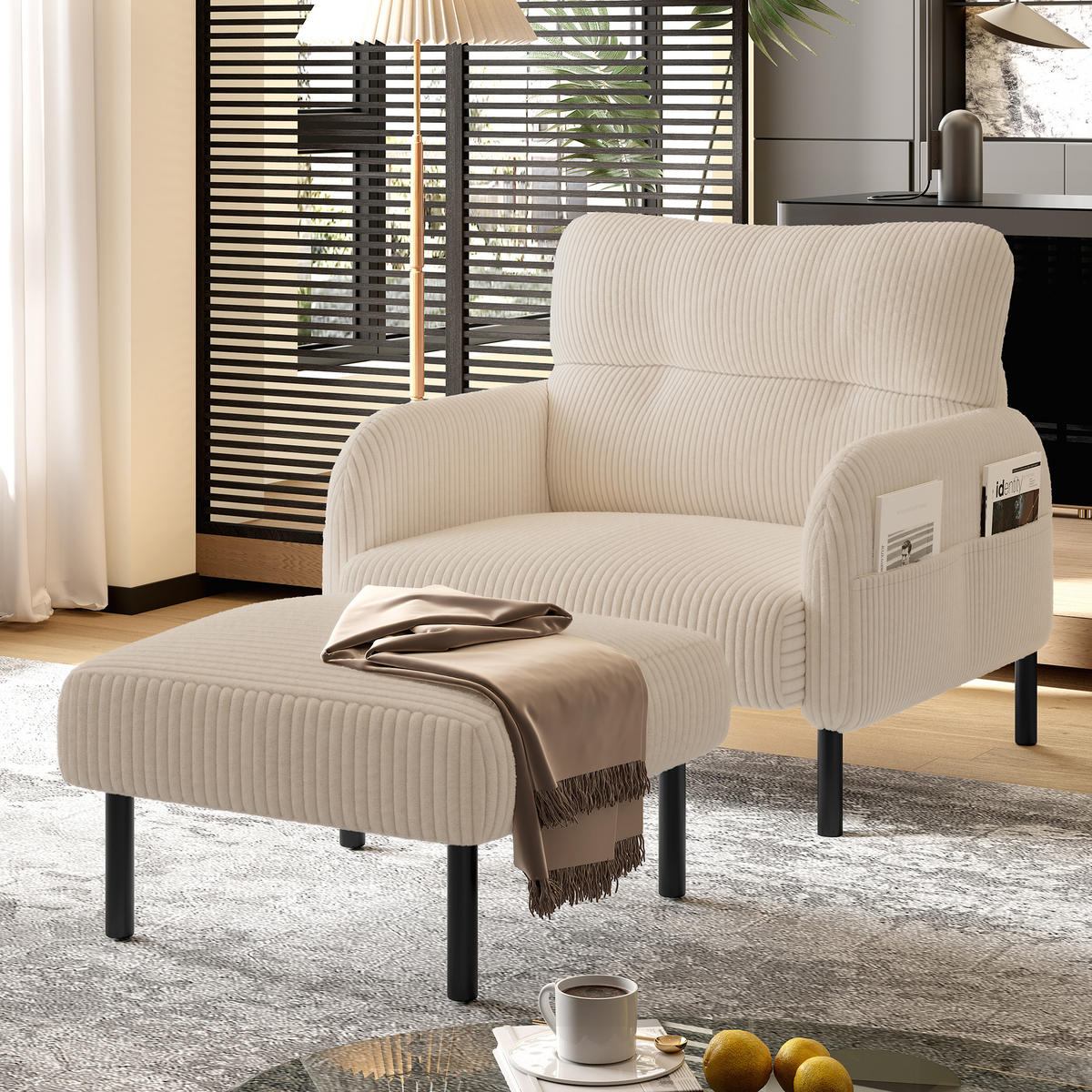 SESSEL Cord Beige mit Seitentasche - Beige, Textil/Metall (67/79/75cm) - WISHDOR