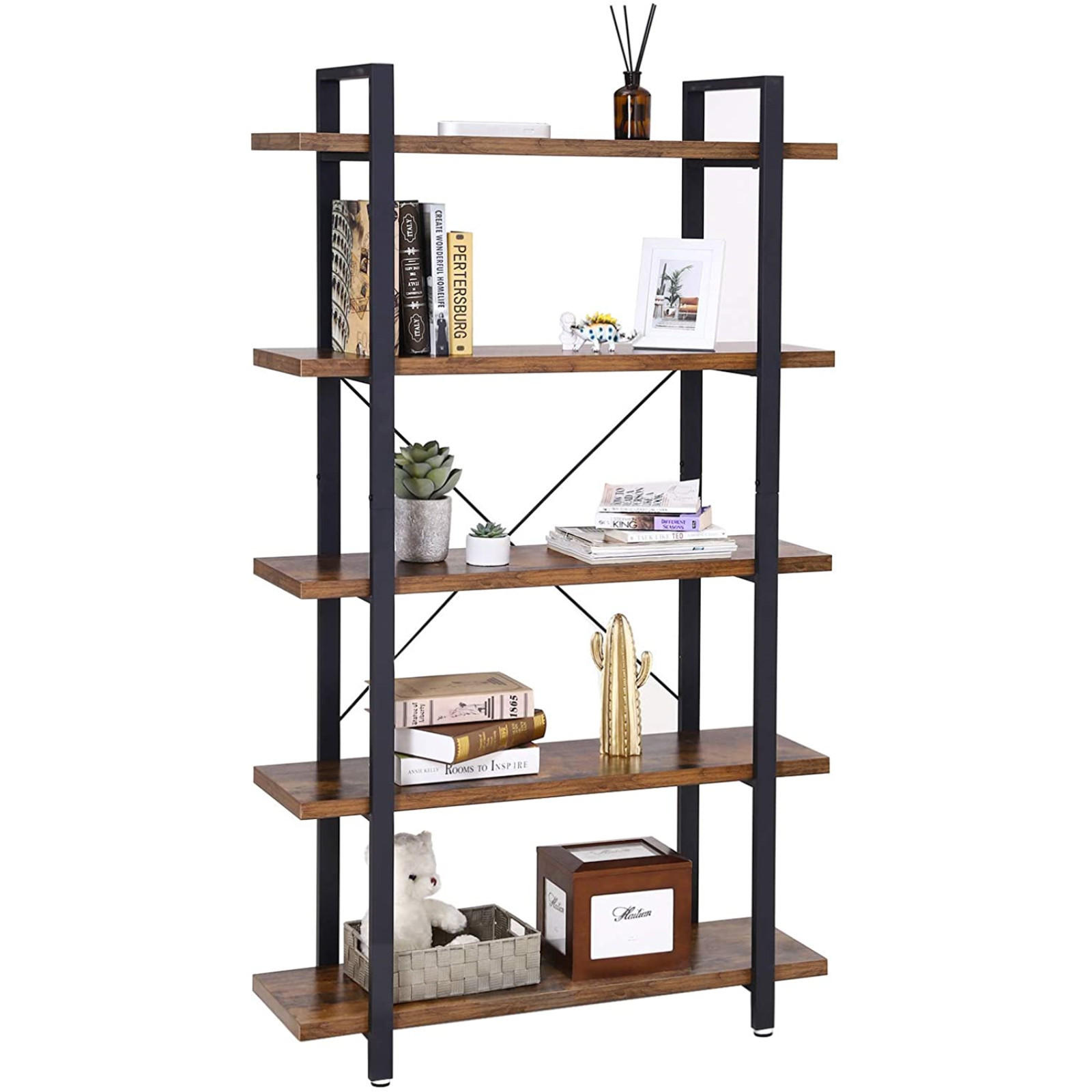 STANDREGAL Metall Holzwersktoff Schwarz Dunkelbraun 5 Ablagen Industrial 105x29,5x177,5 cm - Dunkelbraun/Schwarz, Holzwerkstoff/Metall (33.5/177.5/105cm) - Begryf
