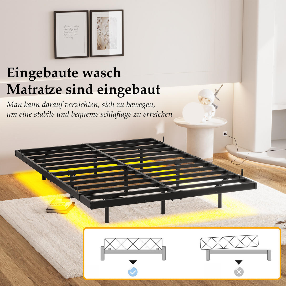 METALLBETT 120/200 cm in Schwarz mit LED und USB - Schwarz, Metall (120/200cm) - WISHDOR