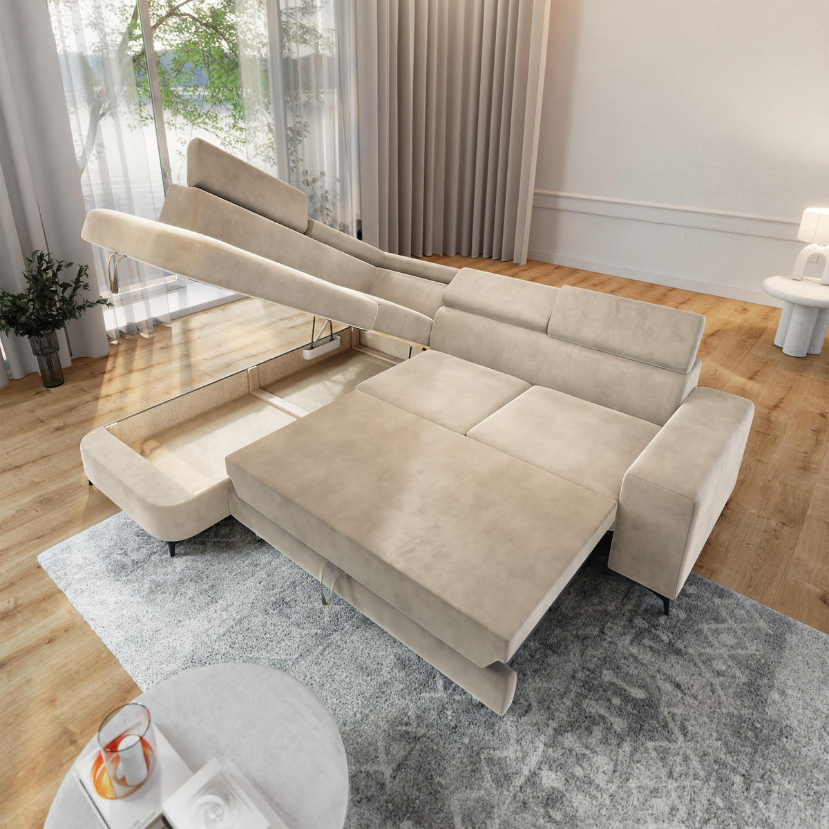 ECKSOFA ALVORO L-S Creme Velours-Stoff mit Schlaffunktion - Creme, Holz (253/190cm) - MASSENO