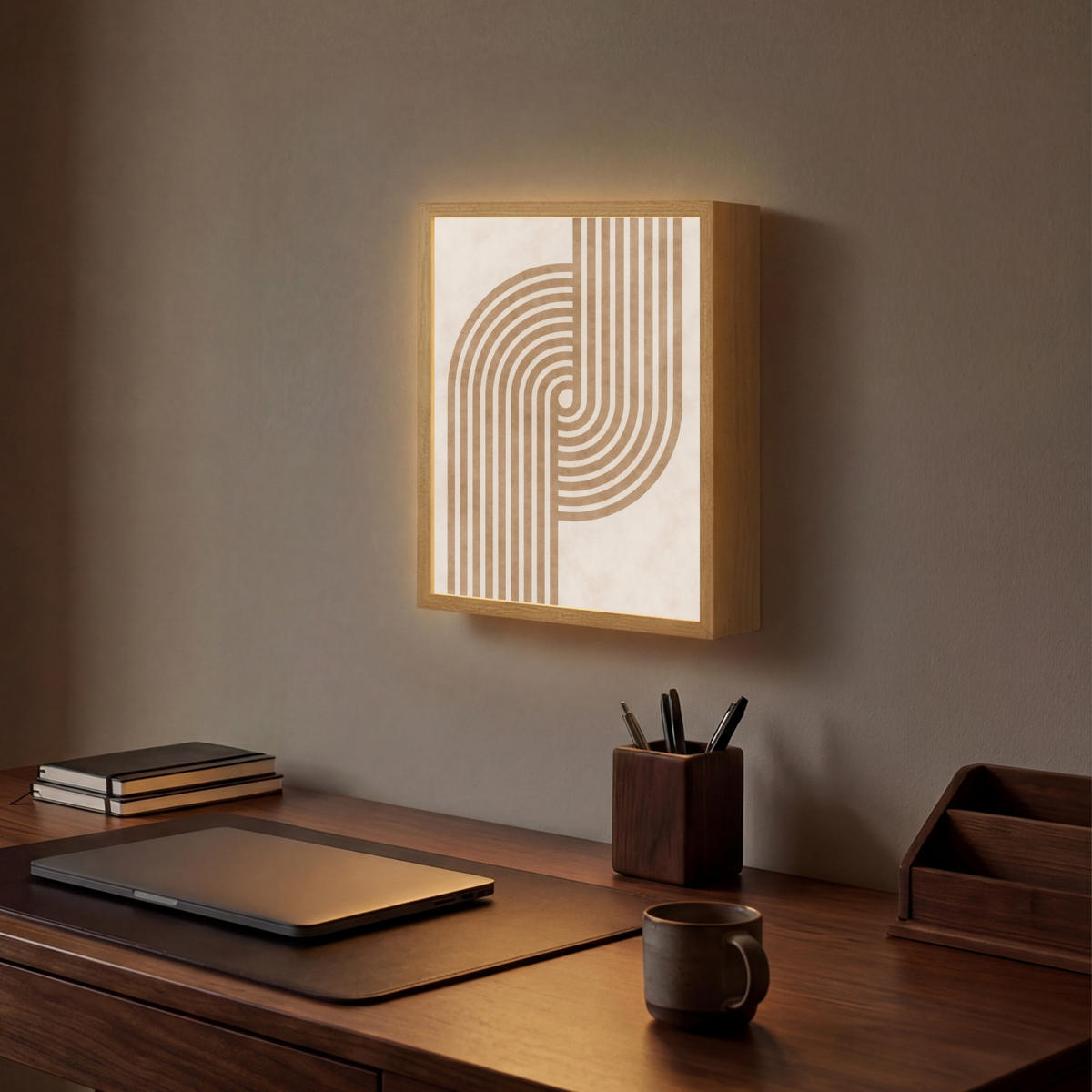 NÁSTĚNNÁ LAMPA S AKUMULÁTOREM Symetrický ohyb - měděná barva 30x40 cm - béžová, kompozitní dřevo (30/40/8cm) - OnlyWow