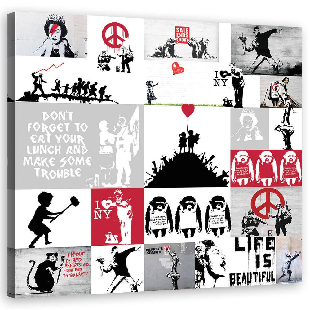 WANDBILD banksy street art graffiti collage - Grau, Textil (30/30cm) - Feeby