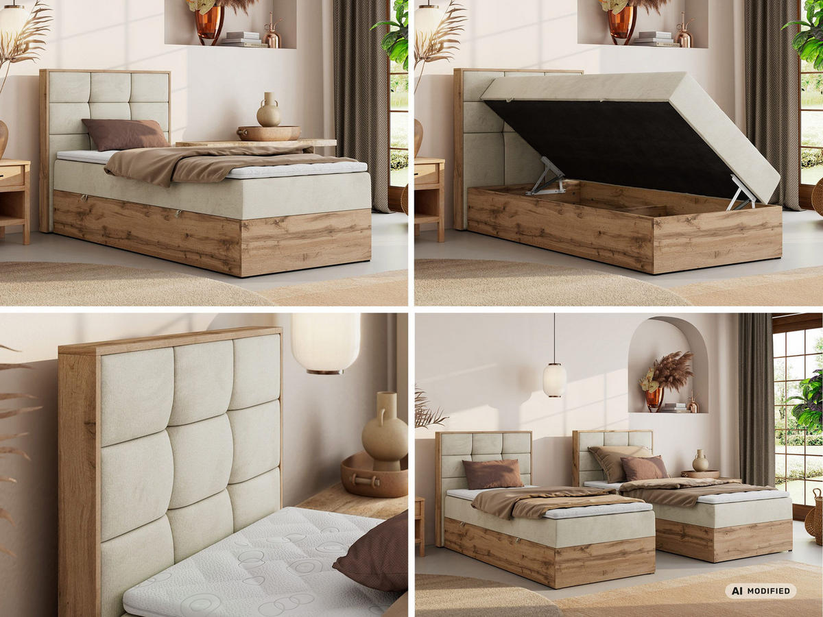 BOXBETT ALBERO 1 90/200 - Beige Velvet - Topper T25 - H3 - Links - Beige/Schwarz, Kunststoff/Textil (90/200cm) - MKS