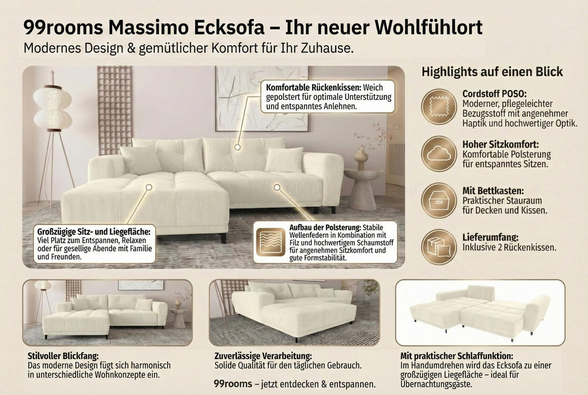 ECKSOFA Massimo Cordstoff Olivgrün inkl. Schlaffunktion Links - Schwarz/Olivgrün, Textil/Metall (246/177cm) - 99rooms