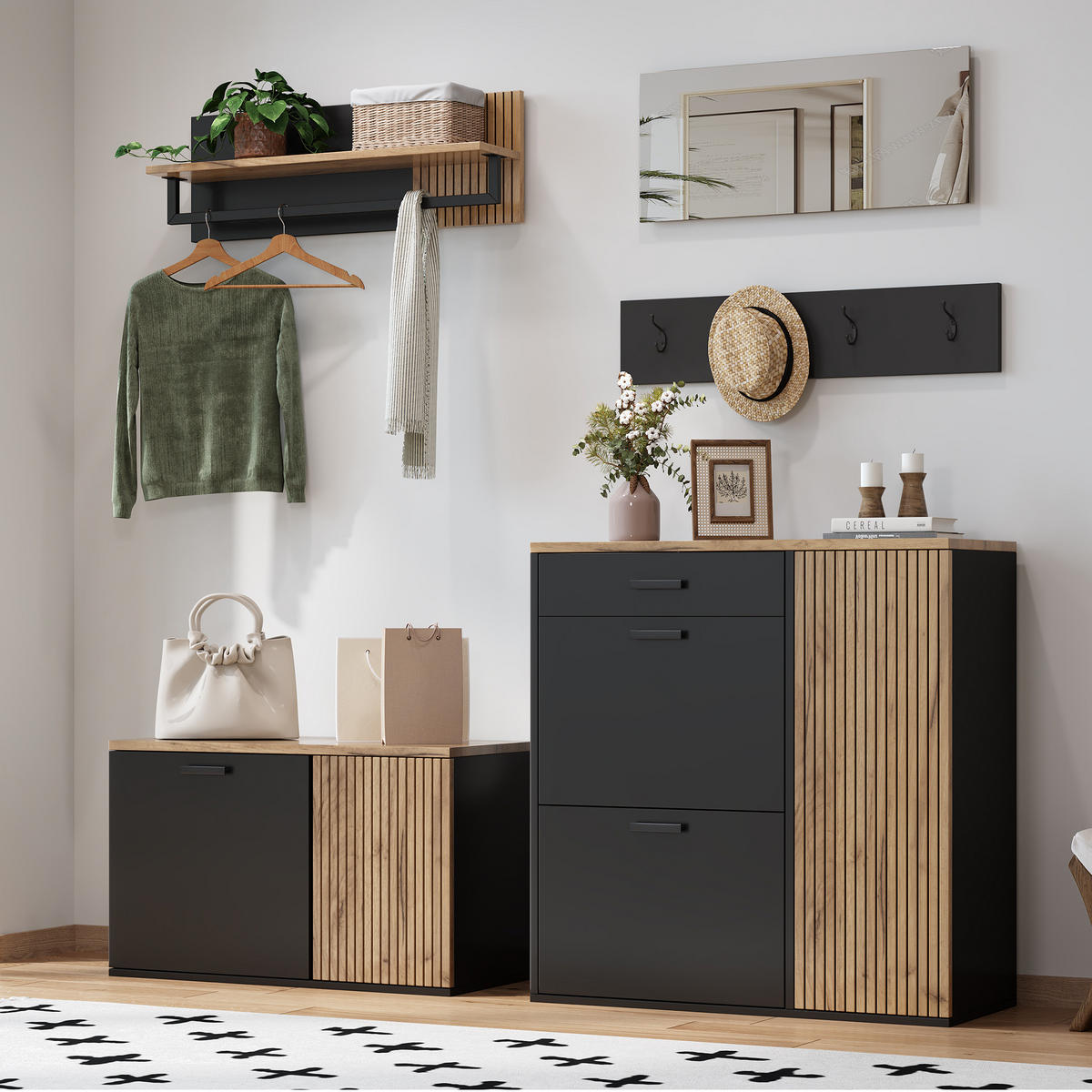 DIELEN-SCHUHSCHRANK-SET in Natur/Schwarz mit Schuhbank, 2 Klappen und Stauraum - Naturfarben, Holzwerkstoff (85/85/36cm) - BEAOK