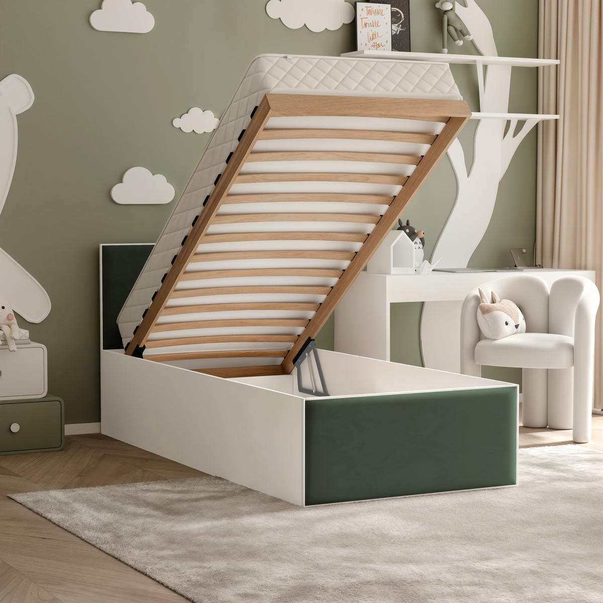 POLSTERBETT SASHI 90/200 cm Bettkasten, ohne Matratze, Weiß / Grün - Grün, Holz/Holzwerkstoff (90/200cm) - Idohome