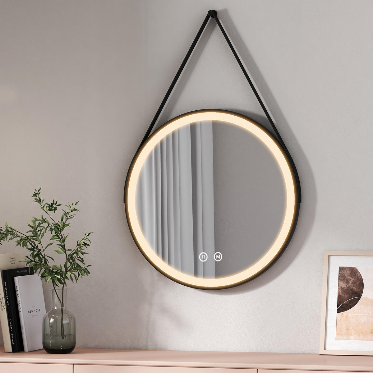 BADSPIEGEL Rund mit Touch-Schalter Beleuchtung mit Hängeriemen Schwarz ф60 cm - Schwarz, Glas (60/3/60cm) - EMKE