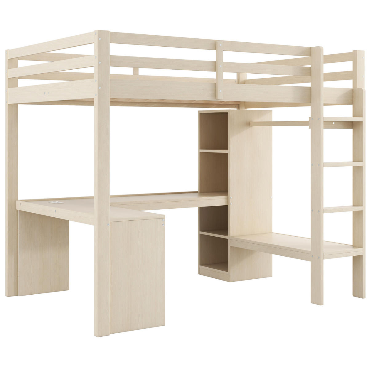 VISOKA postelja 140/200 cm naravna iz masivnega lesa in MDF z mizo, LED osvetlitvijo, USB in policami - naravne barve, leseni material (140/200cm) - OKWISH