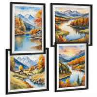 BILDER SET 4er Set - 50x50 cm & 40x60 cm Schwarzer Rahmen - Herbstliche Berge, Flusshütte - Schwarz, Kunststoff (50/50cm) - TULUP