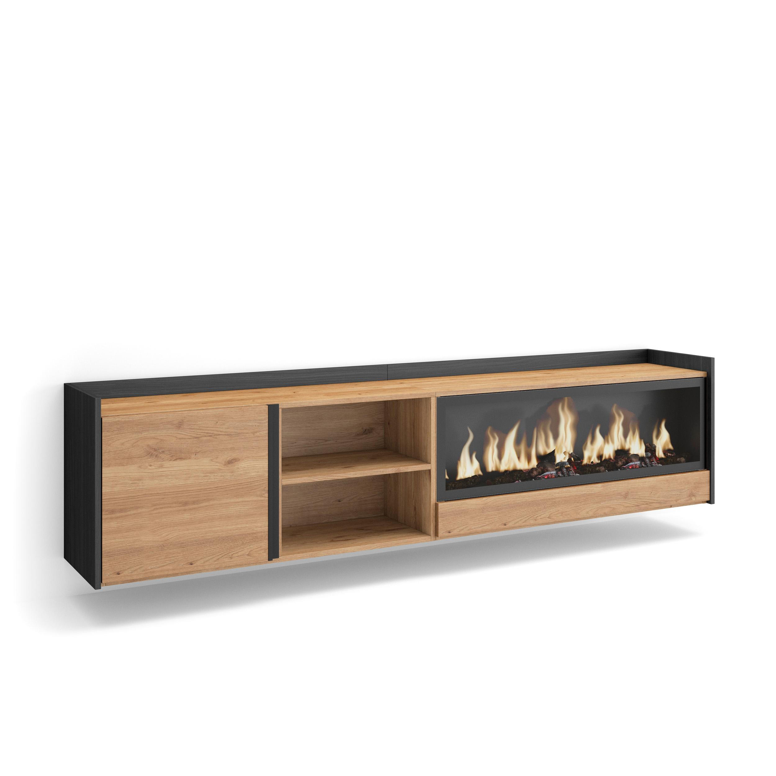 LOWBOARD, Eiche und Schwarz, 212/35/50cm, Kamin mit Feuereffekt XXL - Eichefarben, Holzwerkstoff (212/50/35cm) - Skraut Home