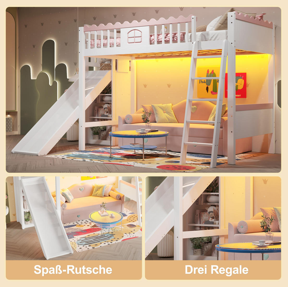 HOCHBETT 90/200 cm in Weiß mit Rutsche, Regalen und LED-Beleuchtung - Weiß, Holz (90/200cm) - Flora Grace