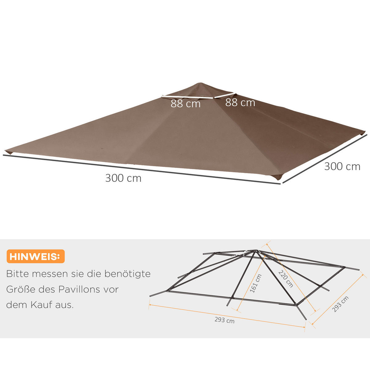 ERSATZDACH für Pavillon 298/295 cm aus Polyester mit PA-Beschichtung und Entwässerungslöchern, Kaffee - Braun, Textil (295/1/298cm) - Redom
