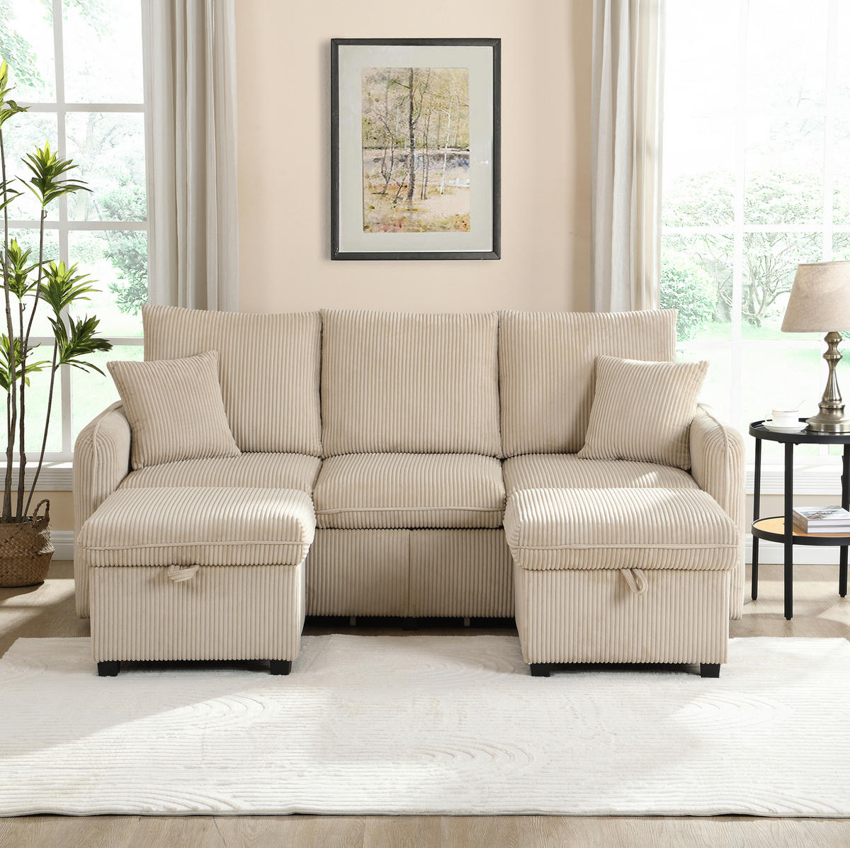 ECKSCHLAFSOFA 3-Sitzer Cord mit Stauraum und 2 Hocker Beige 188/186/86 cm - Beige, Textil (186/188cm) - Redom