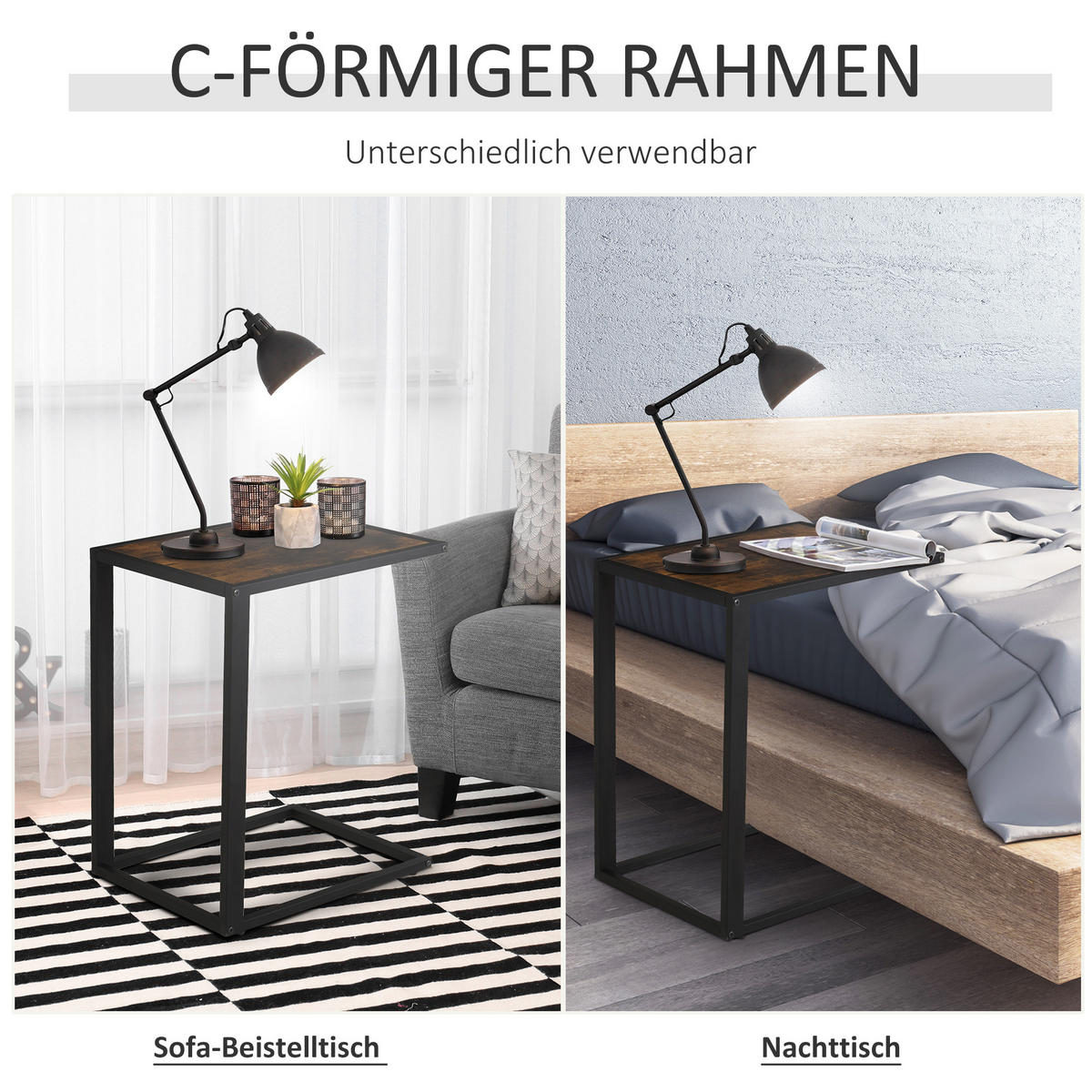BEISTELLTISCH in C-Form Kaffeetisch Couchtisch Standtisch Tisch Metall MDF - Braun, Metall (56/36/68cm) - HOMCOM
