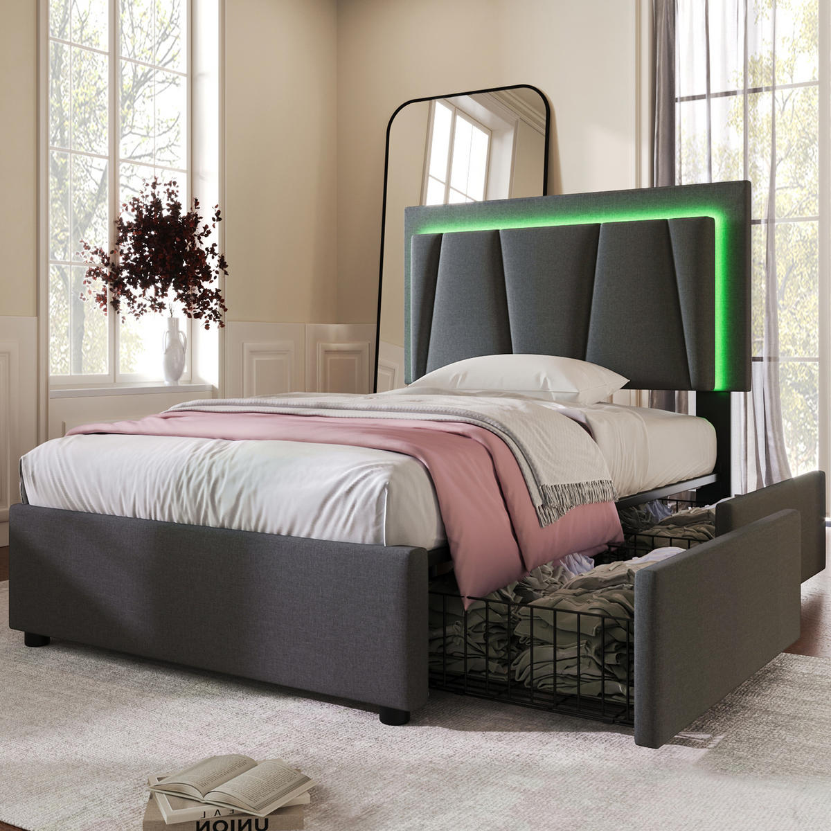 POLSTERBETT 90/200 cm grau mit LED-Beleuchtung und höhenverstellbarem Kopfteil - Grau, Holz (90/200cm) - OKWISH