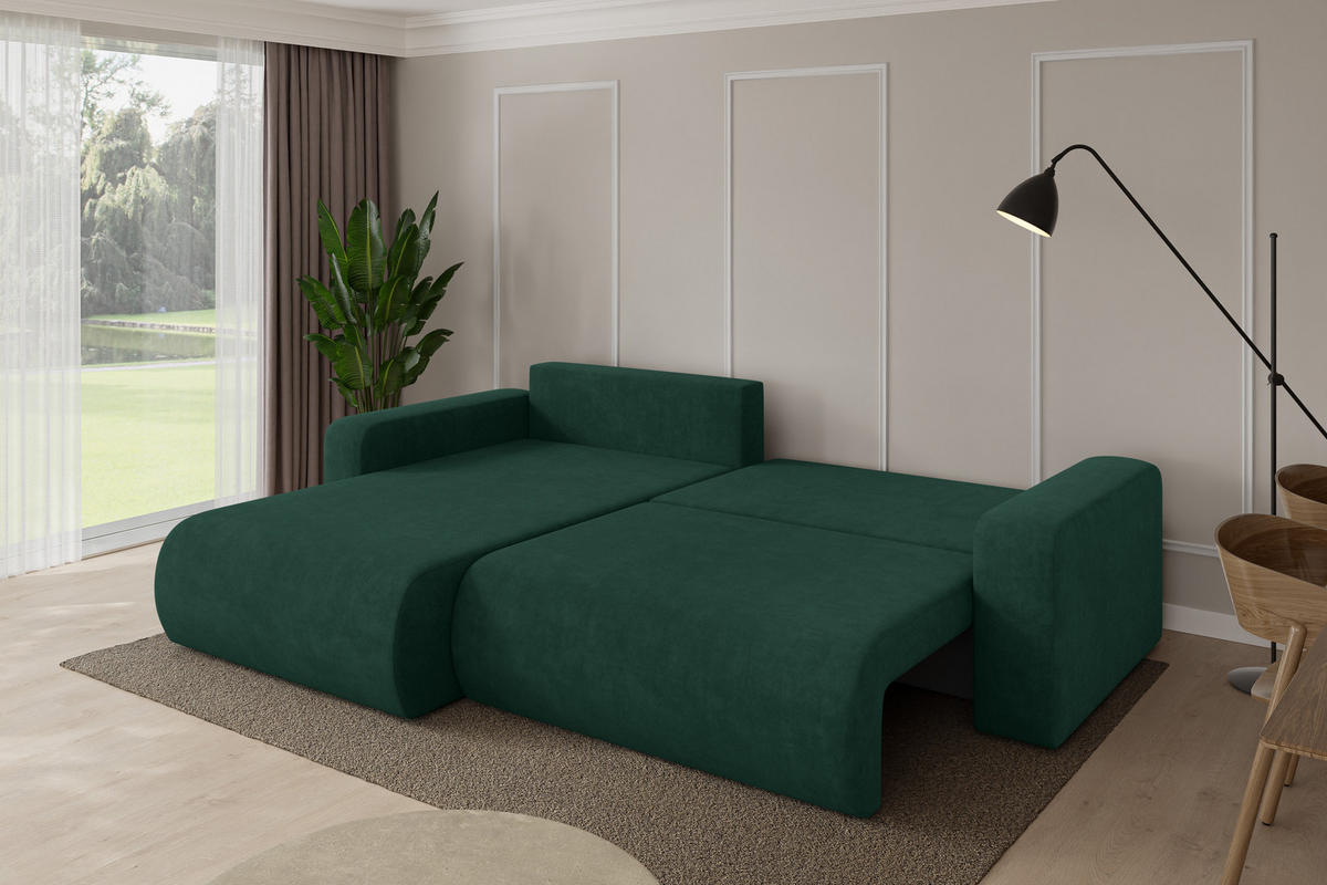 ROHOVÁ SEDAČKA s funkcí spaní, otoman vlevo BERY-L 276x193x88 zelená velur - černá/zelená barva, kompozitní dřevo/textil (276/193cm) - ALTDECOR