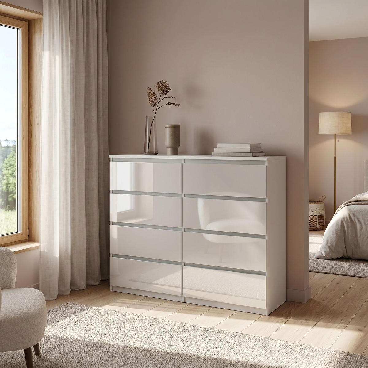 KOMMODE NUDO 138,5/101,5/39cm mit 8 Schubladen Türen Weiß - Weiß Hochglanz/Weiß, Holzwerkstoff (138.5/101.5/39cm) - MASSENO