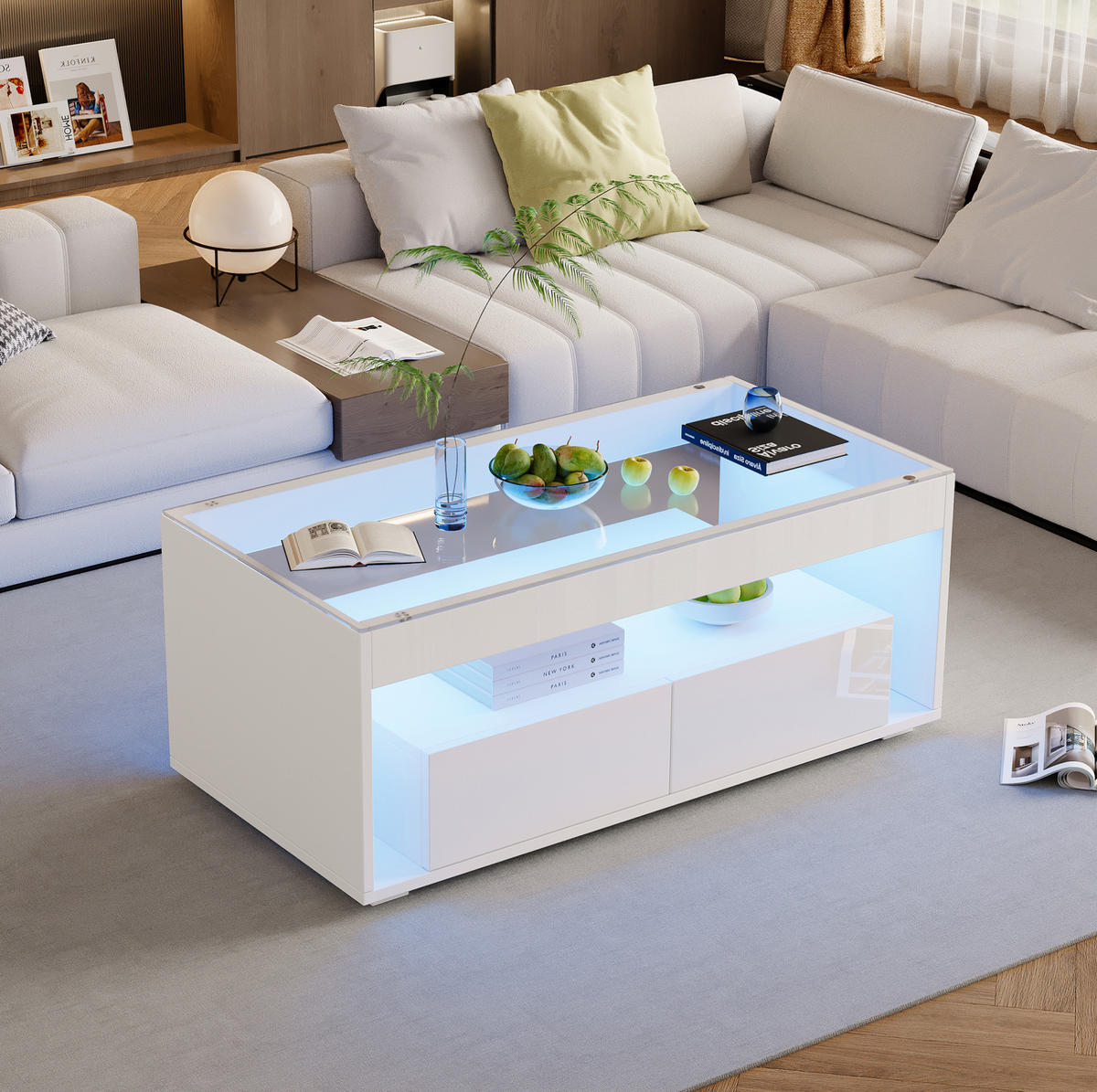COUCHTISCH aus Spanplatte und Glas 100x50x40 cm Weiß mit LED-Beleuchtung und 2 Schubladen - Weiß, Holzwerkstoff (100/50/40cm) - IVMEU