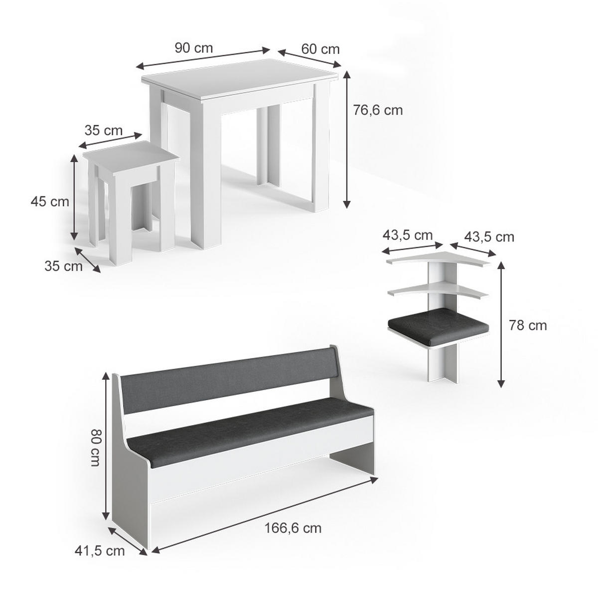 ECKBANKGRUPPE Roman Weiß 210 x 41.5 cm mit Tisch - Anthrazit/Weiß, Holzwerkstoff (210/80/210cm) - Vicco