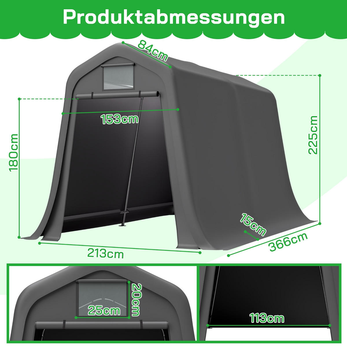 GERÄTEHAUS 366/213/255 cm Grau mit Rollos - Grau, Metall (366/225/213cm) - Oxeza