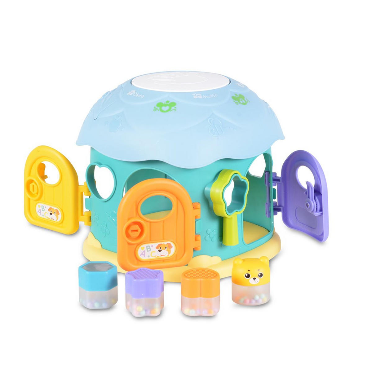 SORTIERSPIEL Pilzhaus WD3636 blau Musik, Licht, 4 Formen, Pilzhaus-Design, ab 18 Monaten, Griff - Blau, Kunststoff (22/21/22cm) - Moni