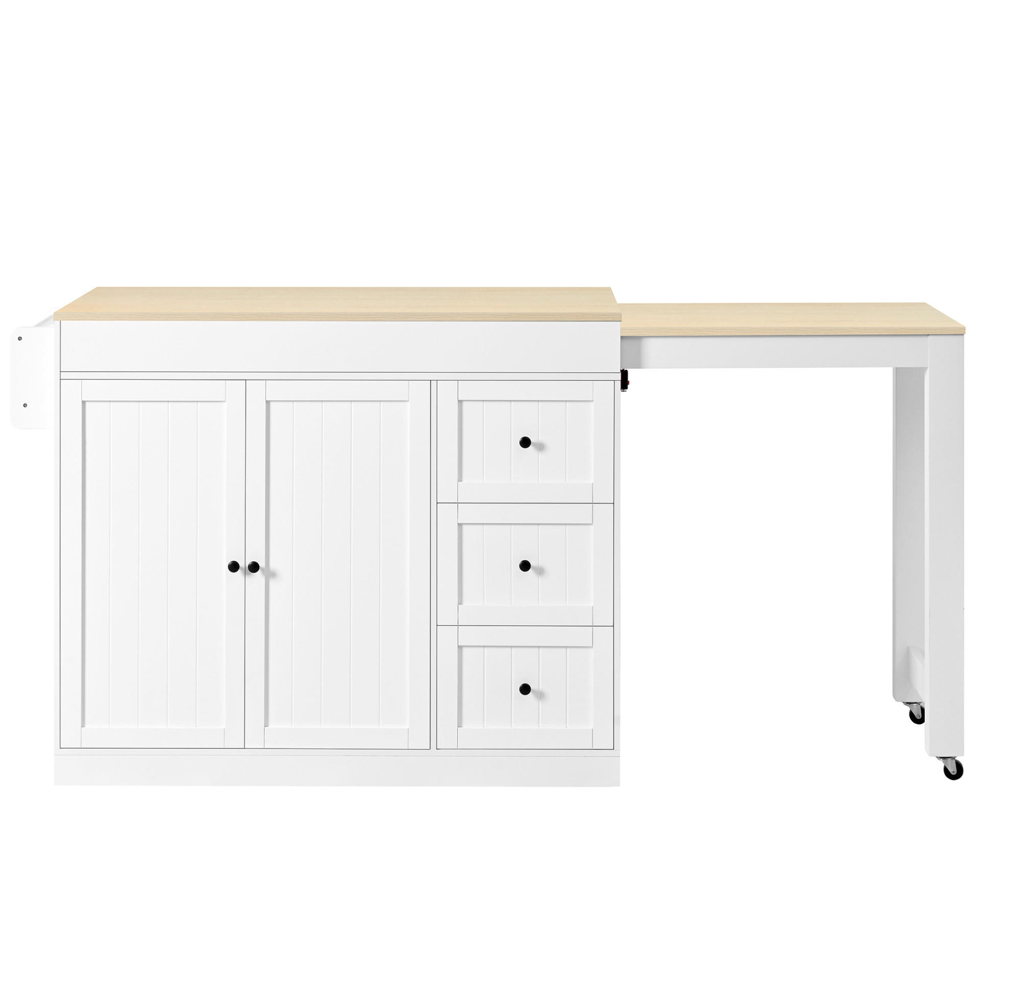 KÜCHENINSEL 112-186,8/45/93 cm mit ausziehbarer Arbeitsplatte, 3 Schubladen und Gewürzregal, MDF/Spanplatte, Weiß - Weiß, Holzwerkstoff (130/93/45cm) - Redom