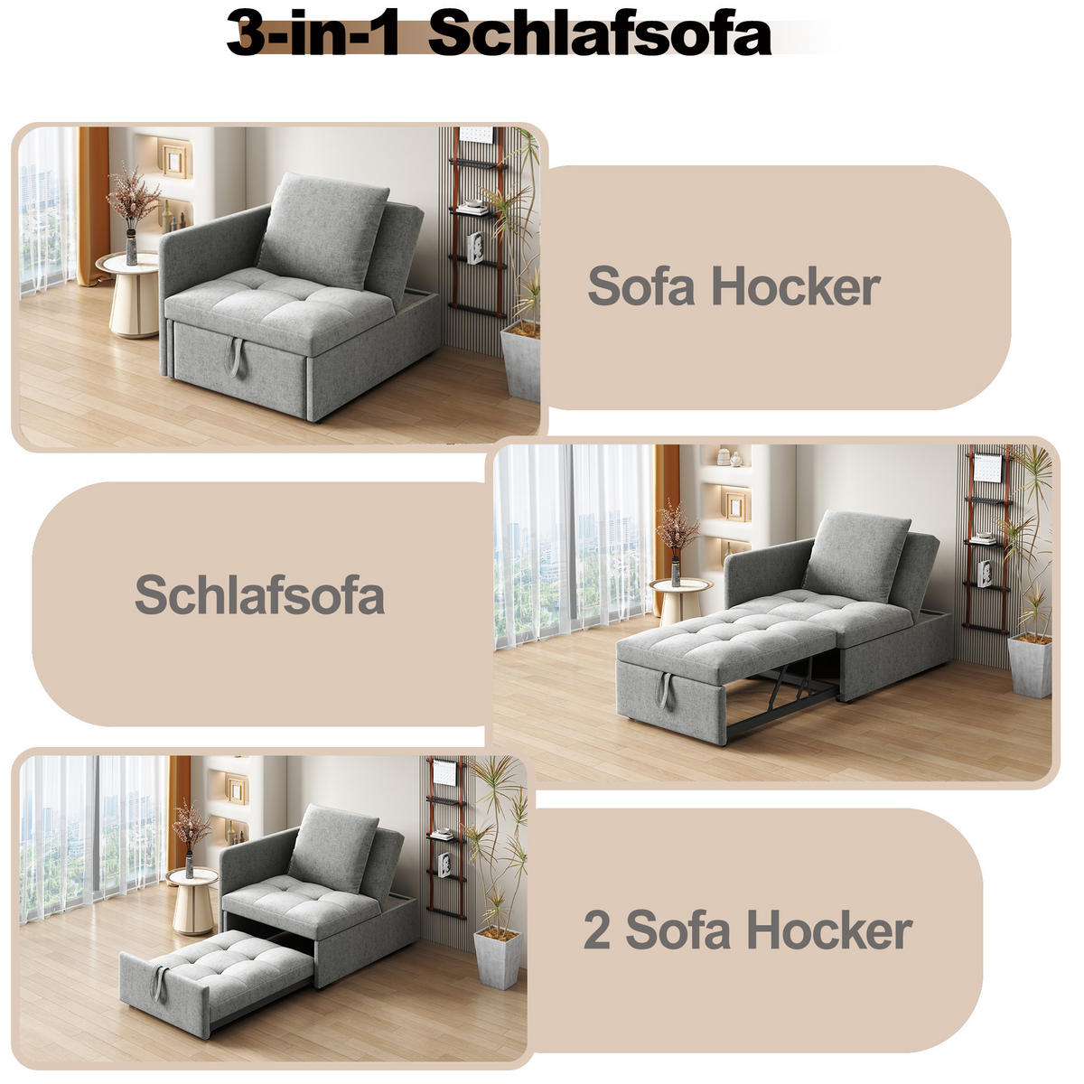 SCHLAFSOFA 3-in-1 Leinen mit 5-fach verstellbarer Rückenlehne Grau 177/68/65 cm - Grau, Textil (68/65/177cm) - Redom