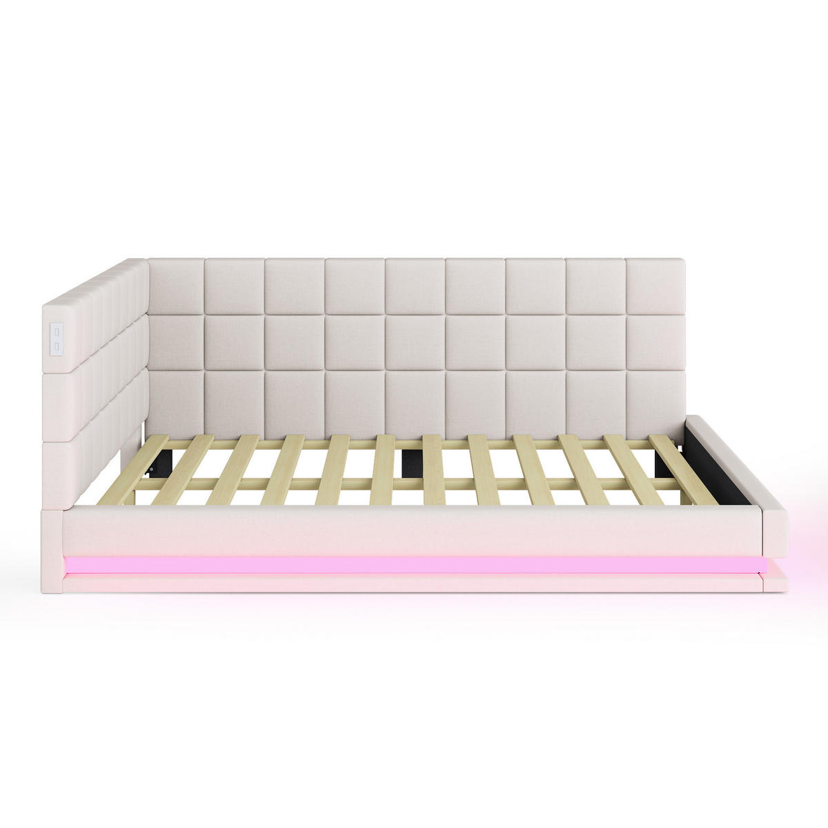 SCHLAFSOFA 160/200 cm mit LED-Beleuchtung, USB-Anschluss und Lattenrost, Leinenstoff, Beige - Beige, Textil (206/63/167cm) - Redom