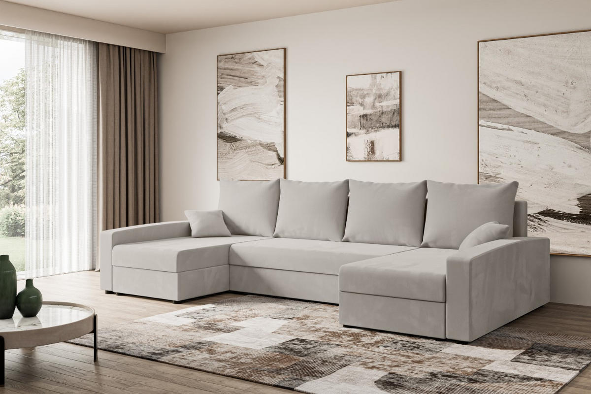 WOHNLANDSCHAFT mit Schlaffunktion und Bettkasten ALESIA-U 301x140x90 cm Hellbraun Velours - Hellbraun/Silberfarben, Holzwerkstoff/Kunststoff (301/90/140cm) - ALTDECOR