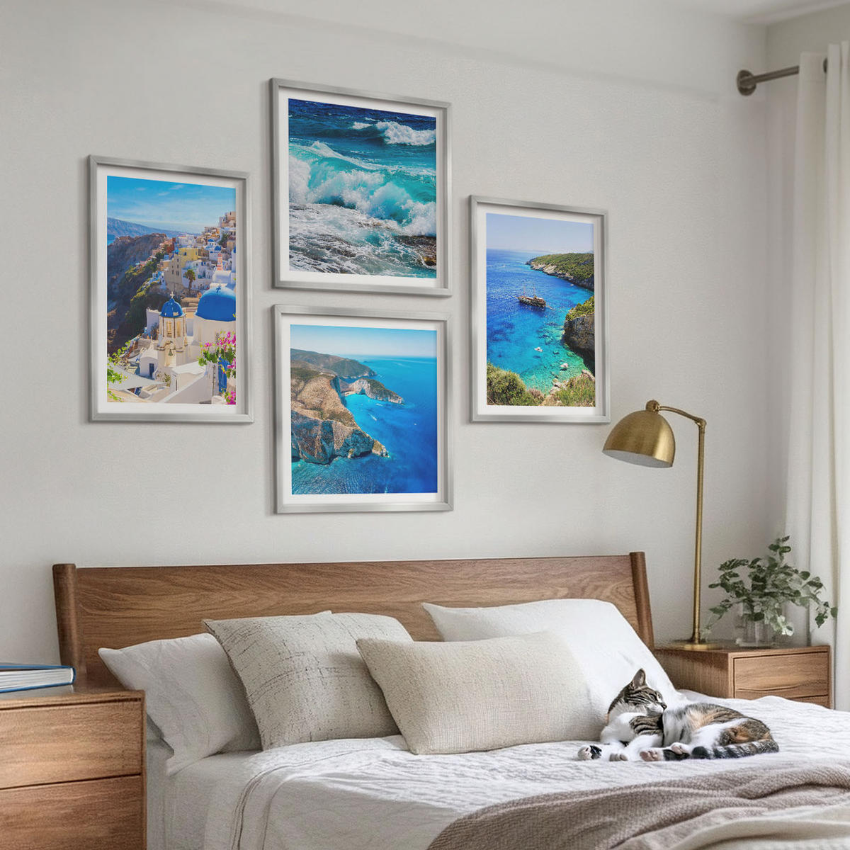 BILDER SET 4er Set - 50x50 cm & 40x60 cm Silberner Rahmen - Griechische Ansichten von Santorin Oia - Silberfarben, Kunststoff (50/50cm) - TULUP