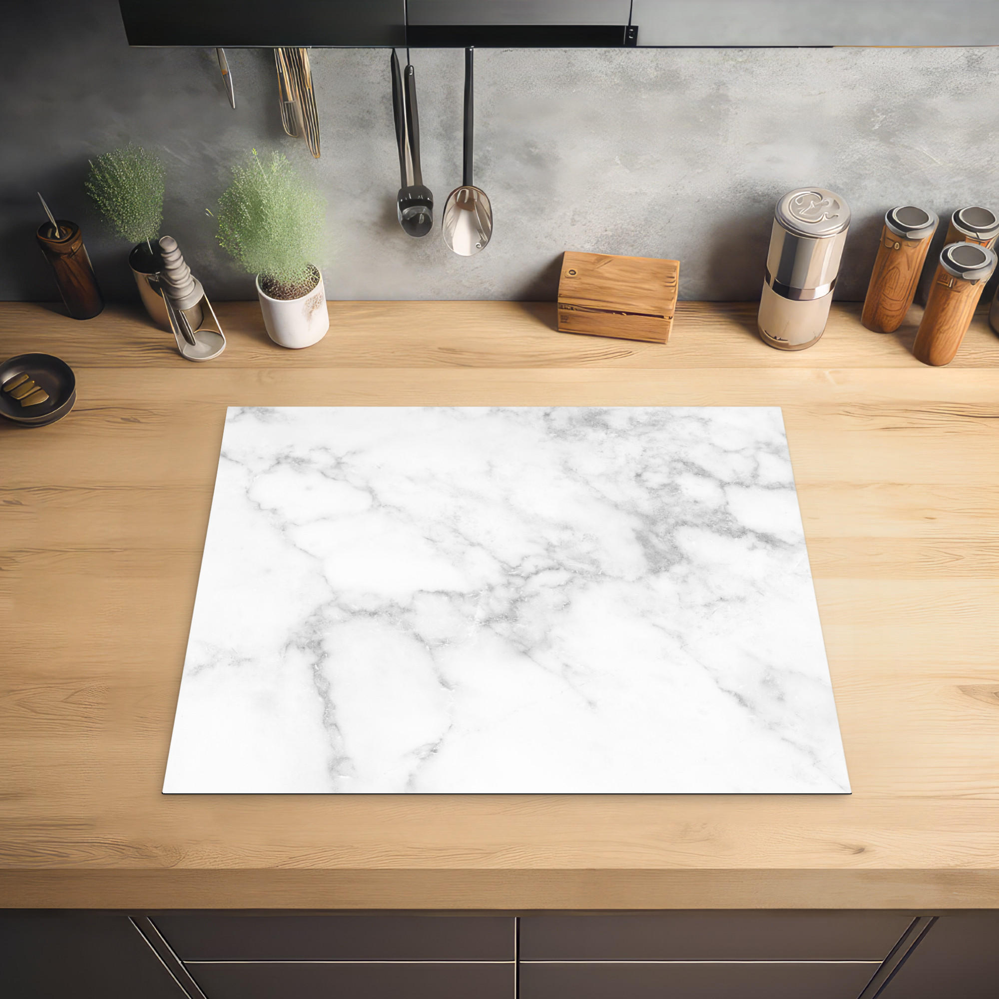 HERDABDECKPLATTE Marmor - Grau - Weiß - Strukturierter Marmor 65x52 cm - Weiß, Kunststoff (65/0.2/52cm) - MuchoWow