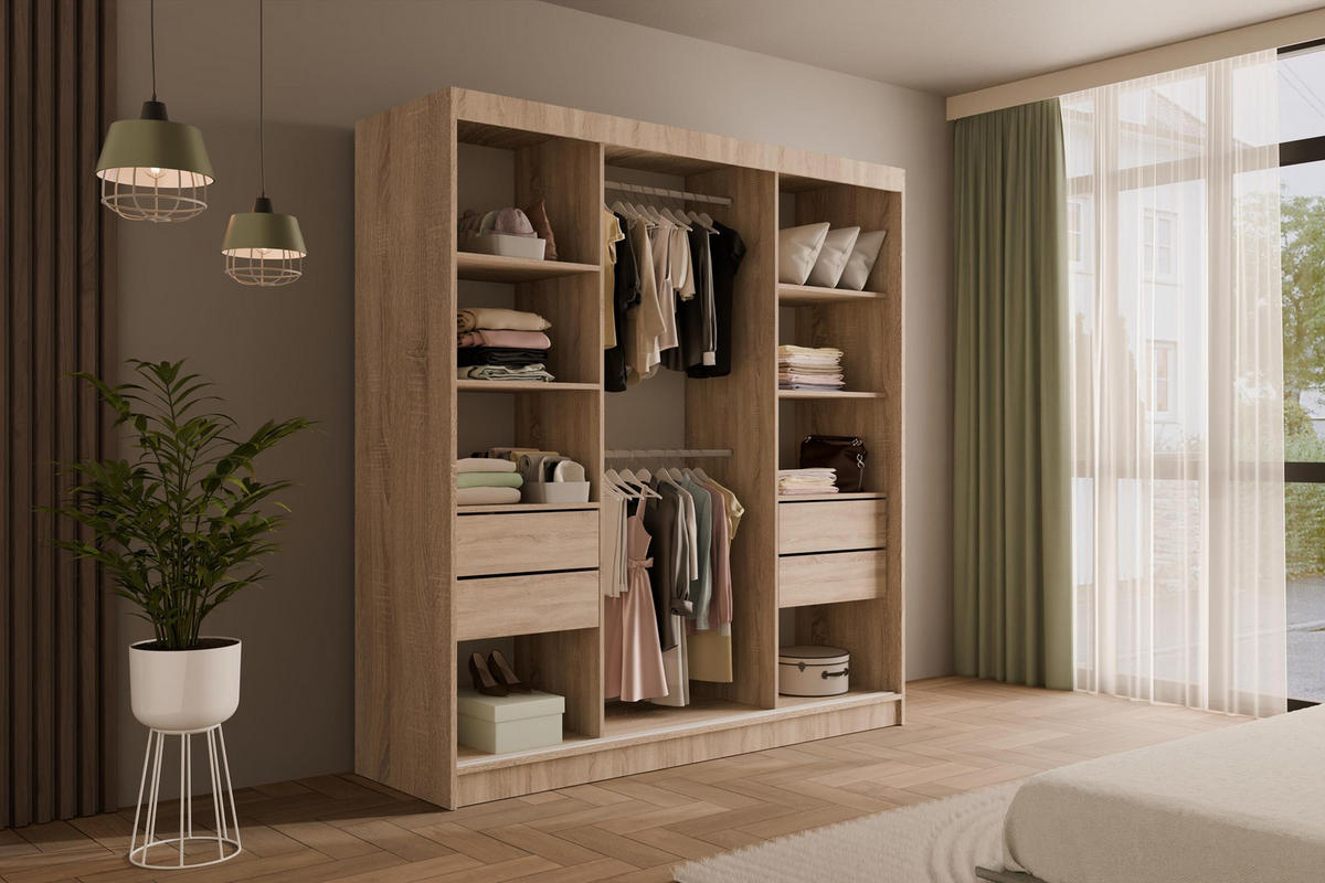 KLEIDERSCHRANK mit Spiegel V2-VITA 215x200 cm - Sonoma Eiche|Weiß - Weiß/Sonoma Eiche, Holzwerkstoff (200/215/61cm) - ALTDECOR