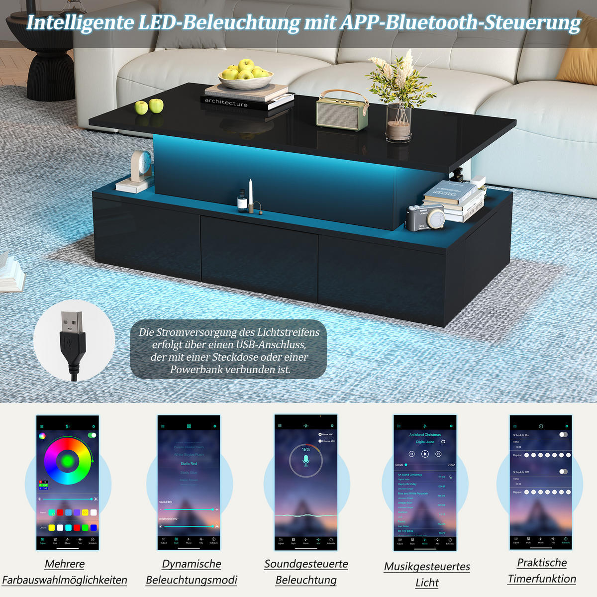 COUCHTISCH 100x50x40 cm Schwarz LED Lift 4 Schubladen Stauraum - Multicolor, Holzwerkstoff (100/50/40cm)