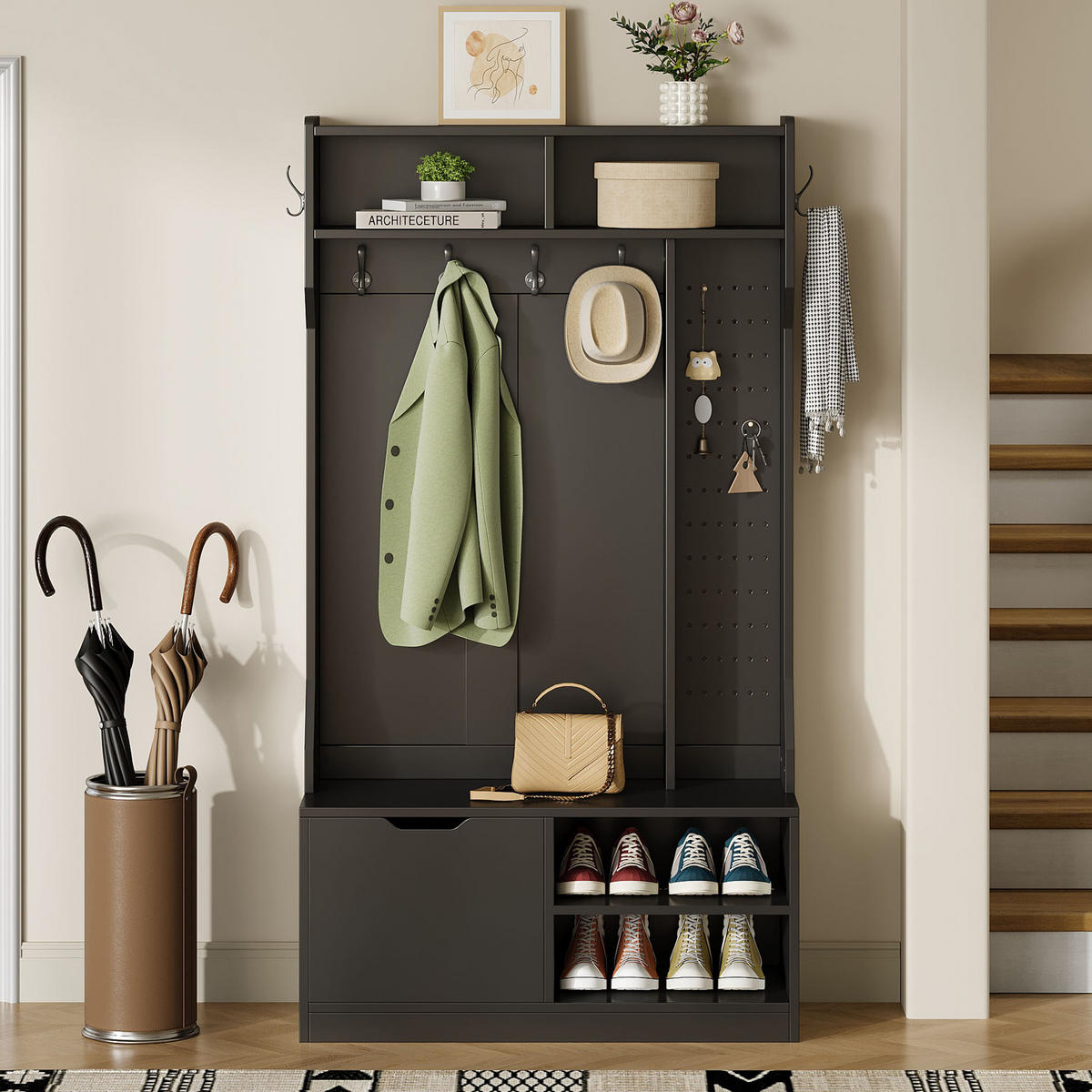 GARDEROBENSET Flurgarderobe mit Sitzbank 6 Haken Schwarz 100x40x185.5cm - Schwarz, Holzwerkstoff (185.4/40/100cm) - FLIEKS