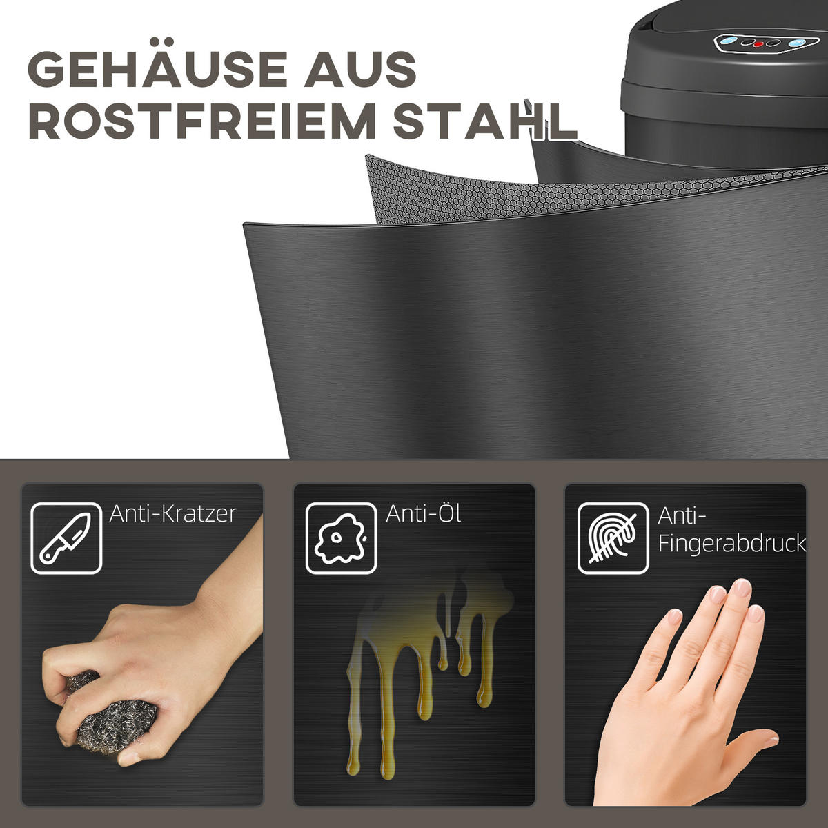 MÜLLEIMER mit Sensor 42L Edelstahl Automatischer Mülleimer mit Soft-Close-Deckel - Schwarz, Metall (30.5/68/30.5cm) - HOMCOM