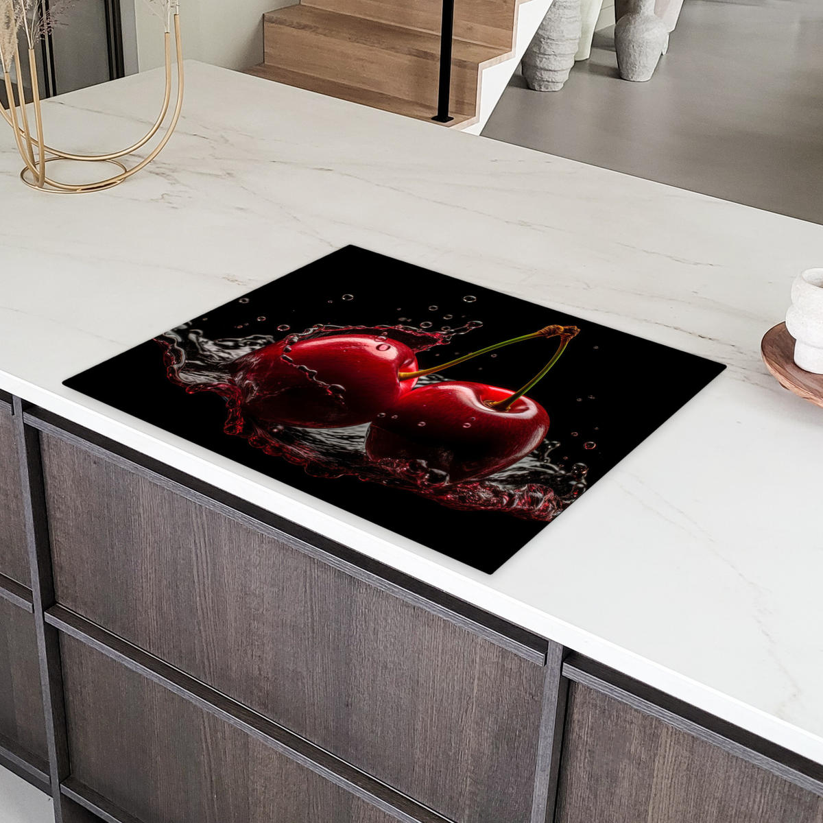 HERDABDECKPLATTE Kirsche - Rot - Frucht - Wasser - Schwarz 77x59 cm - Kirschrot, Kunststoff (77/59/0.2cm) - MuchoWow