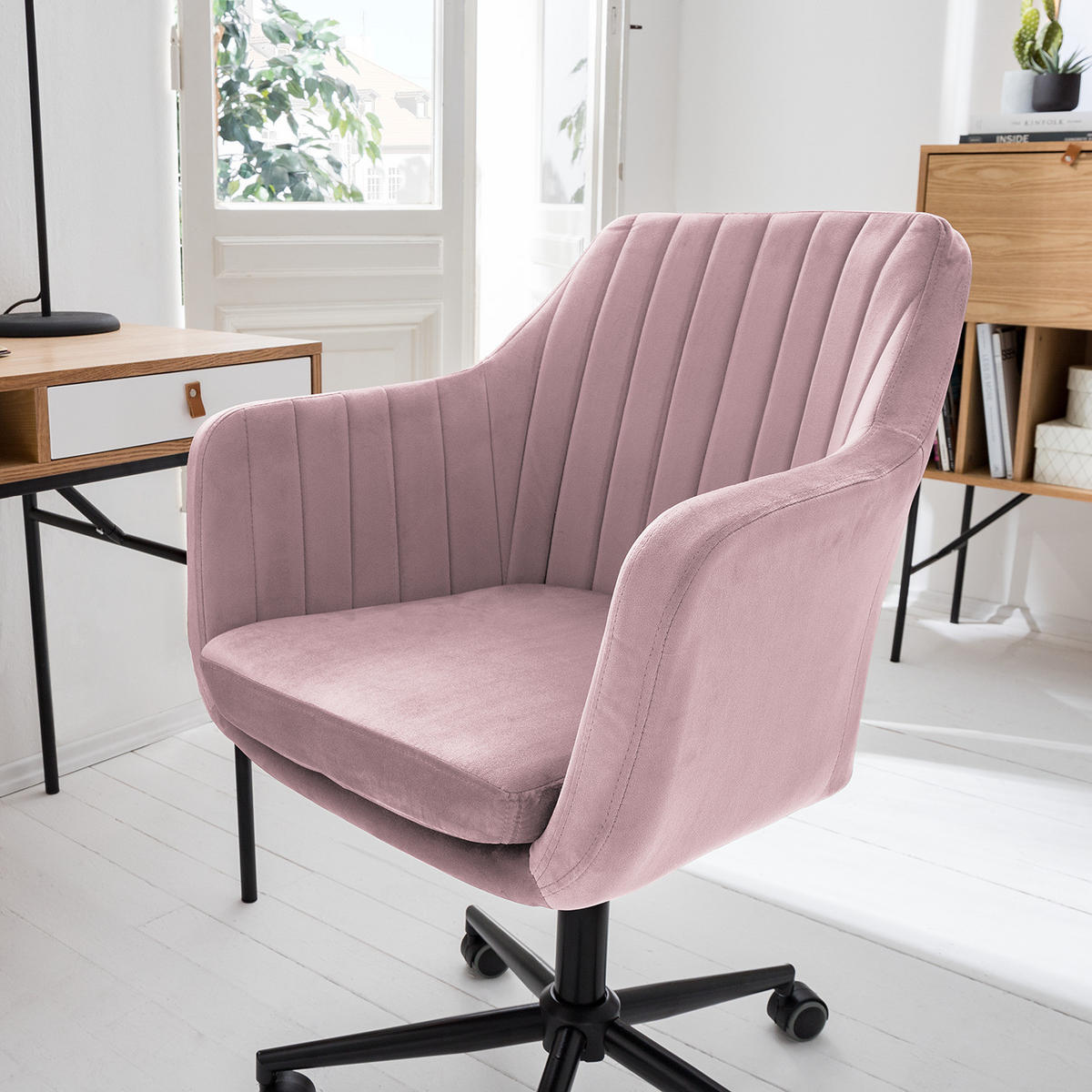 BÜRODREHSTUHL - Samt - Altrosa/Schwarz, Kunststoff/Textil (63/93/61cm) - home24